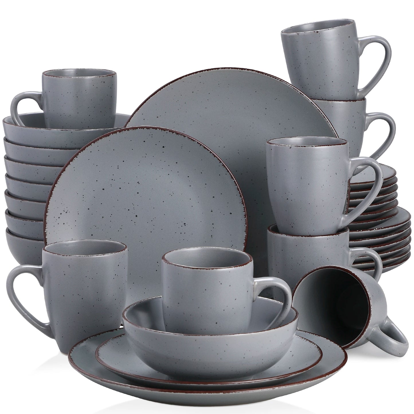 MODA Series Stoneware Plates, Bowls & Cups - 16/32/48 Piece Grey Pottery Dinnerware Set by Vancasso
