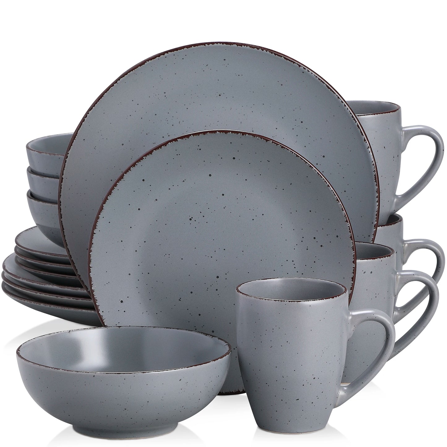 MODA Series Stoneware Plates, Bowls & Cups - 16/32/48 Piece Grey Pottery Dinnerware Set by Vancasso
