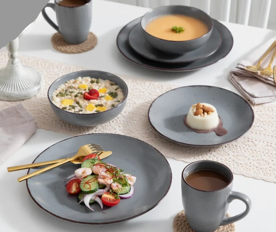 MODA Series Stoneware Plates, Bowls & Cups - 16/32/48 Piece Grey Pottery Dinnerware Set by Vancasso
