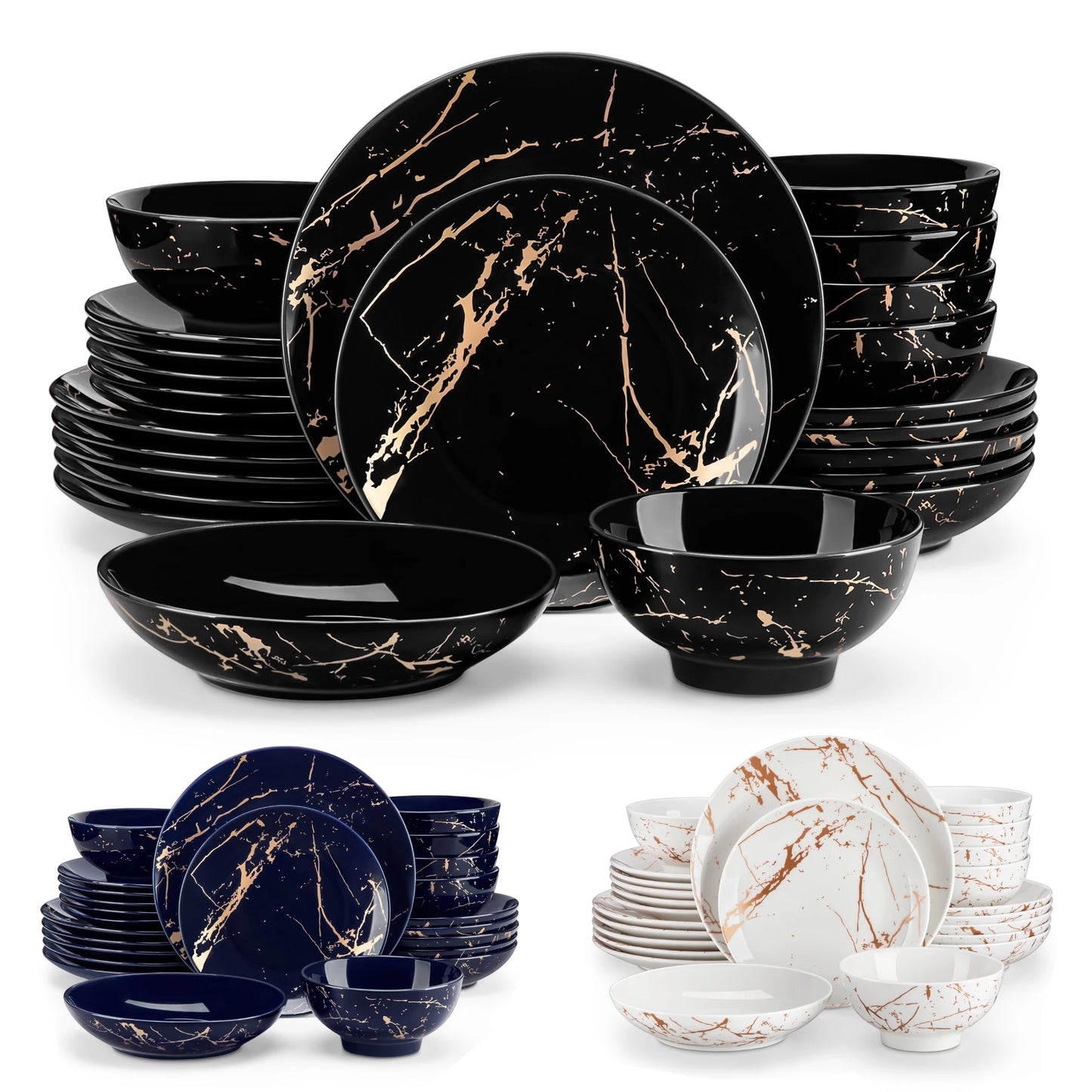 Elegant Dinner, Dessert & Soup Plates with Bowls - 24 Piece Gold Splash Porcelain Dinnerware Set