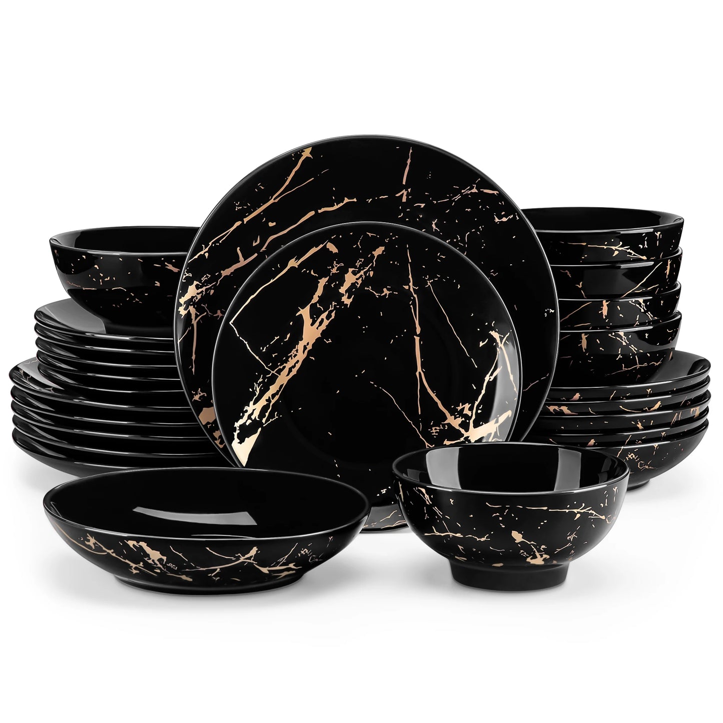 Elegant Dinner, Dessert & Soup Plates with Bowls - 24 Piece Gold Splash Porcelain Dinnerware Set