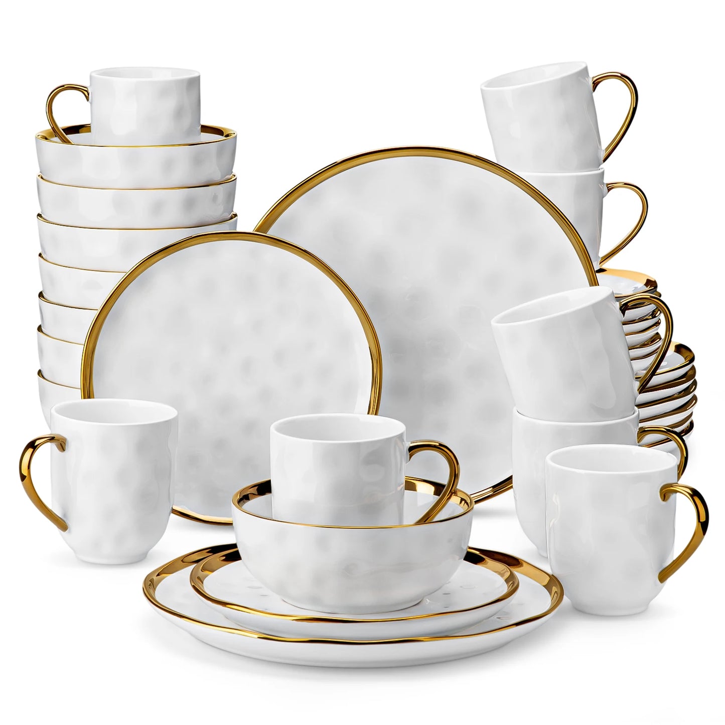 Elegant Handmade Plates & Bowls - 16/32 Piece White & Gold Stoneware Dinnerware Set