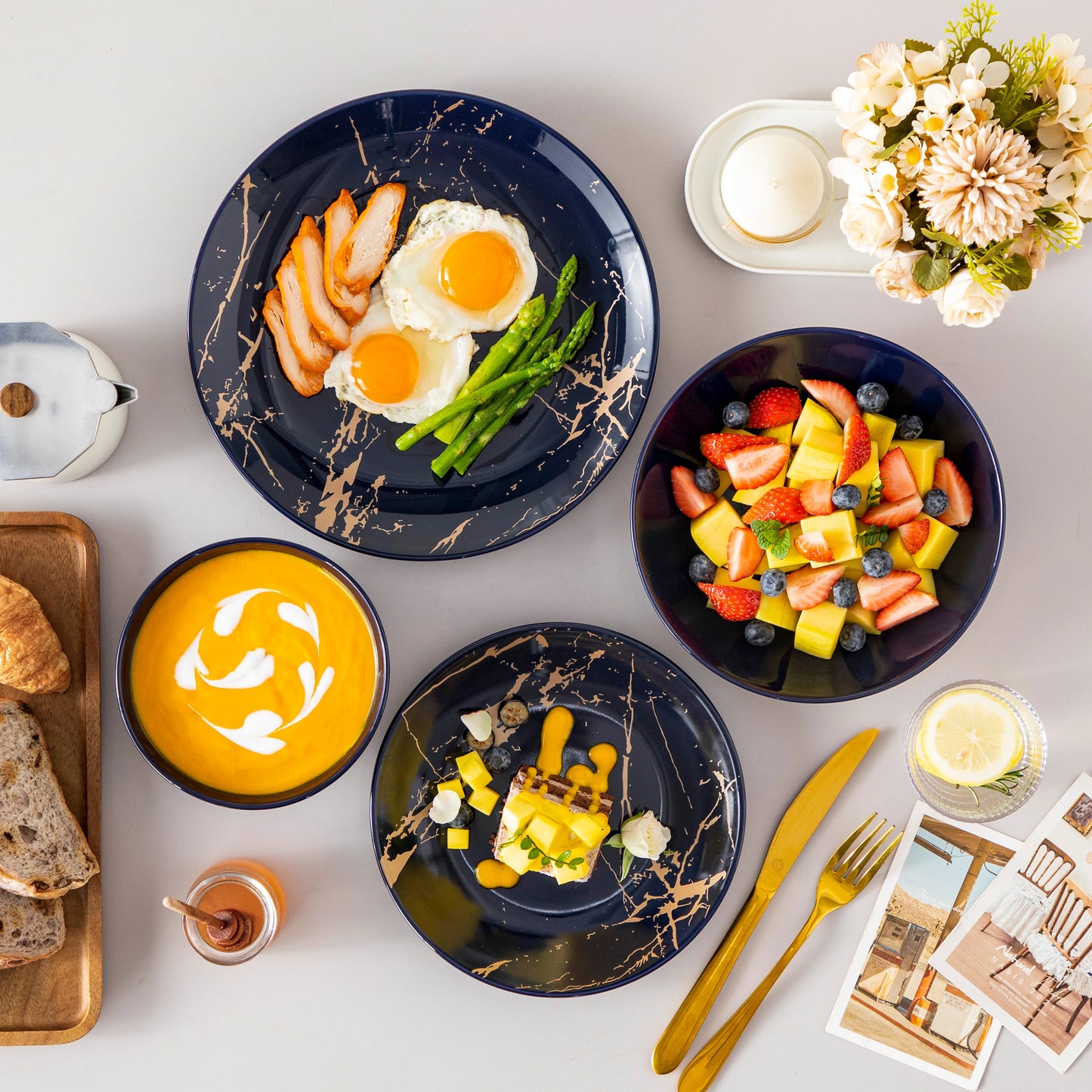 Elegant Dinner, Dessert & Soup Plates with Bowls - 24 Piece Gold Splash Porcelain Dinnerware Set