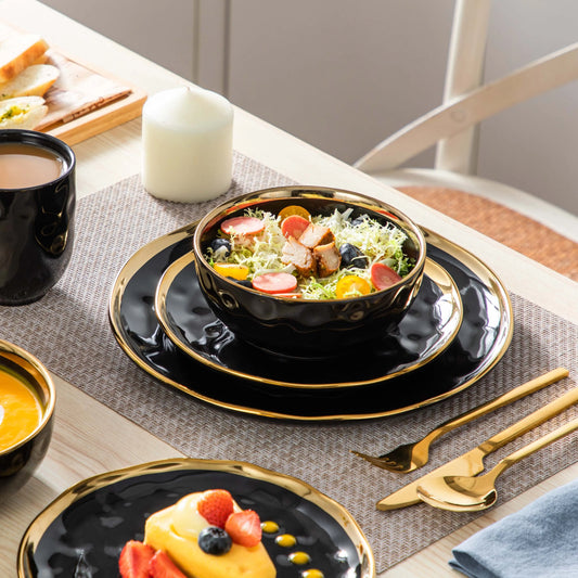 Black Porcelain Dining Set with Golden Rim – Complete 16/32 Piece Crockery Set