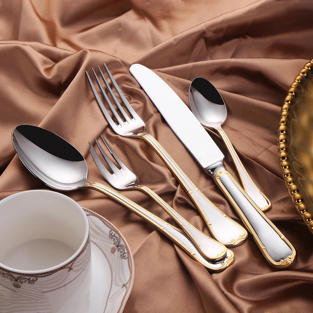 Premium Stainless Steel Gold Cutlery Set – 4–25 Piece Silverware with Knife, Fork & Spoon for Elegant Dining