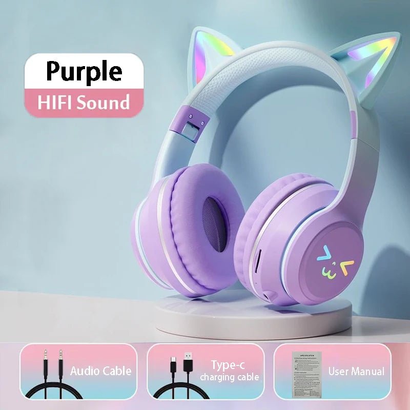 Bluetooth 5.3 Gaming Earbuds with RGB Cat Ears – Wireless Headphones with Microphone & MP3 Playback