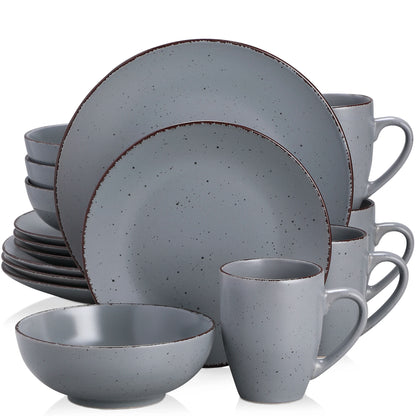 MODA Series Stoneware Plates, Bowls & Cups - 16/32/48 Piece Grey Pottery Dinnerware Set by Vancasso