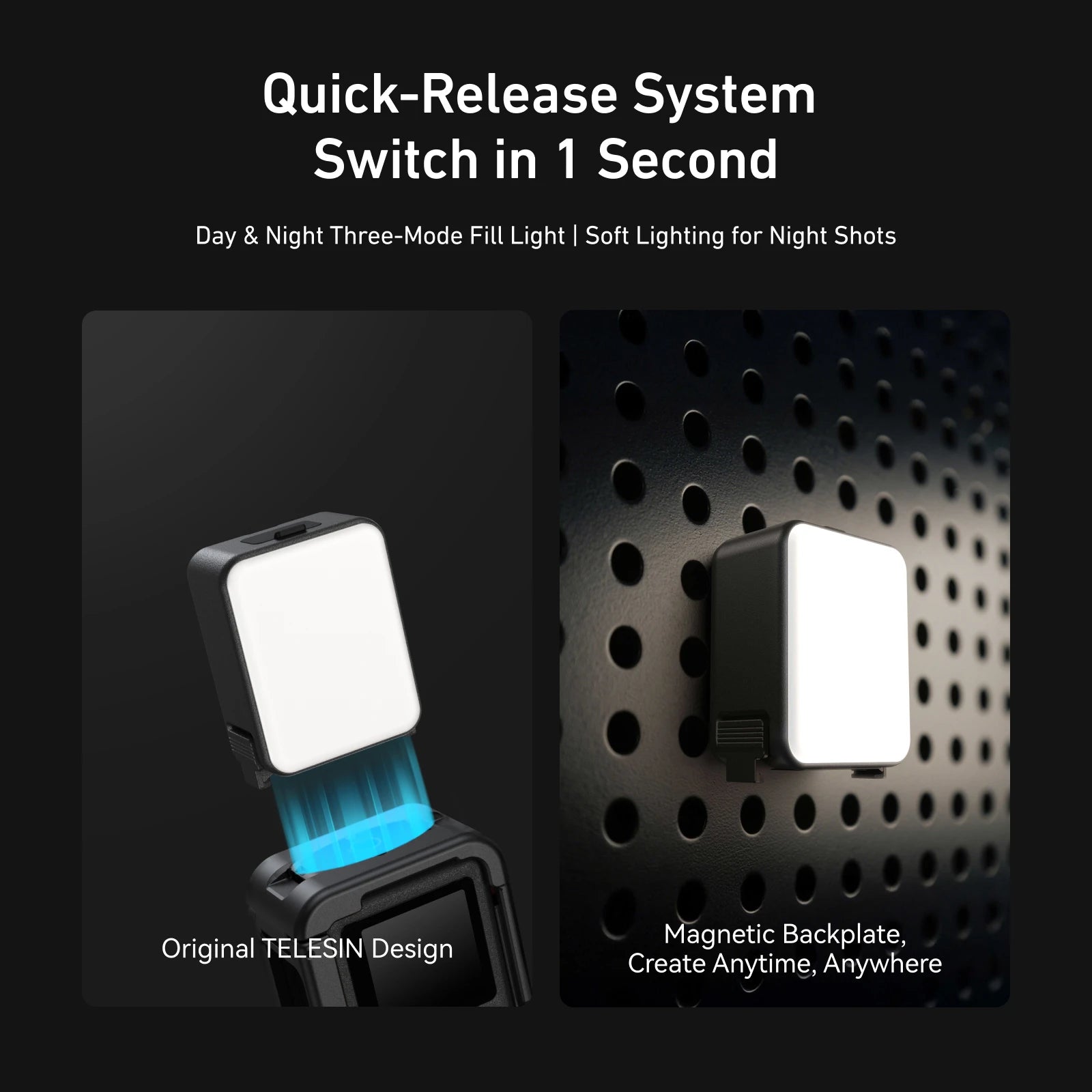 Mini Waterproof Selfie Light | TELESIN Quick Release for DJI Osmo Action 2–5 Pro