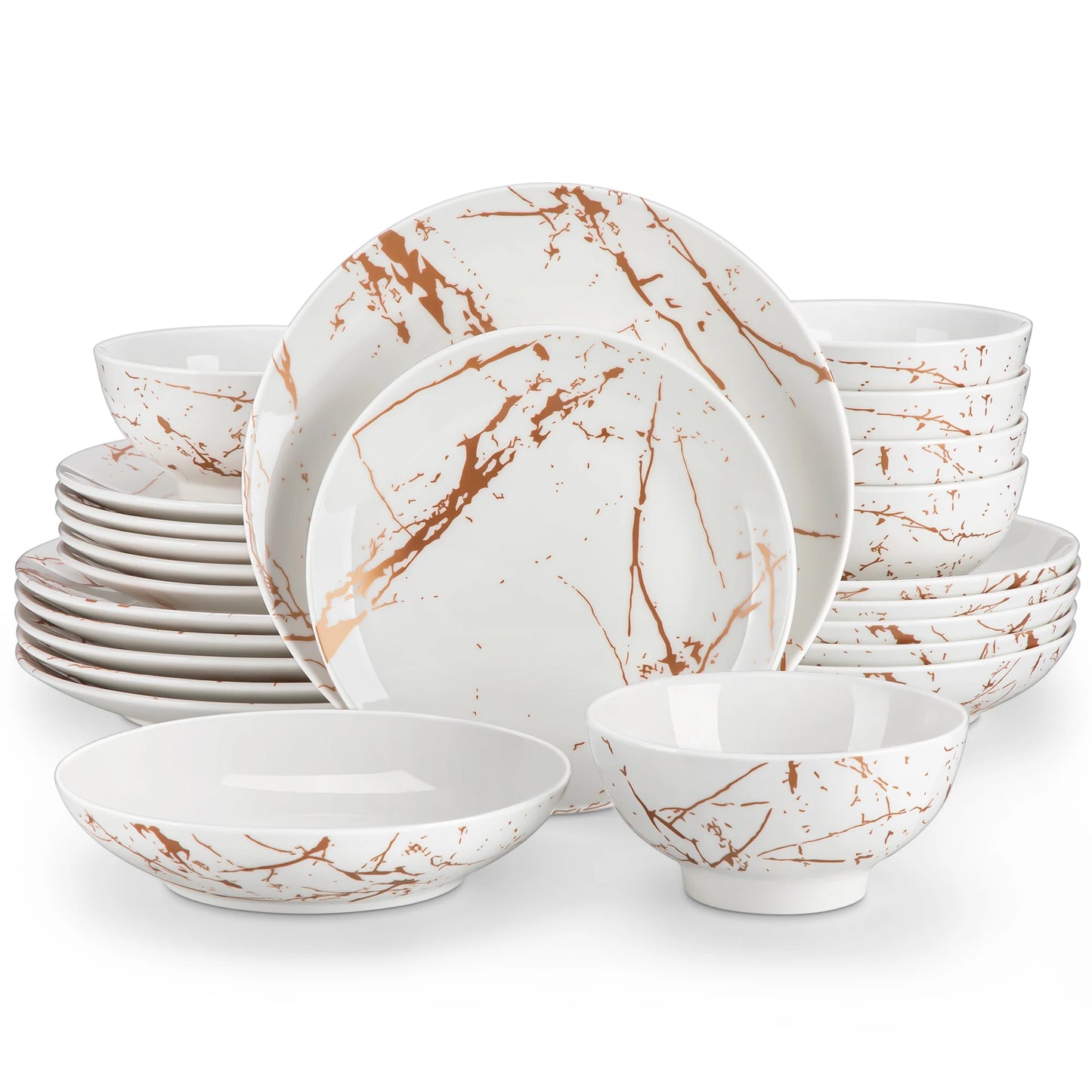 Elegant Dinner, Dessert & Soup Plates with Bowls - 24 Piece Gold Splash Porcelain Dinnerware Set