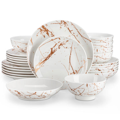 Elegant Dinner, Dessert & Soup Plates with Bowls - 24 Piece Gold Splash Porcelain Dinnerware Set