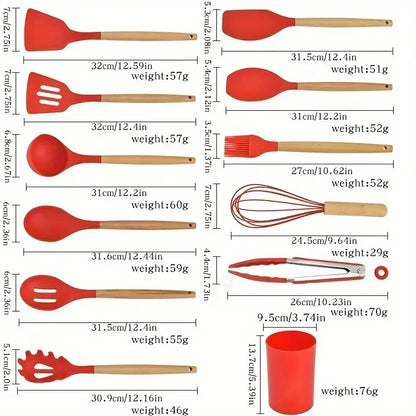 Rainbow Silicone Cooking Utensils Set – 12pcs Non-Stick, Heat-Resistant with Wooden Handles