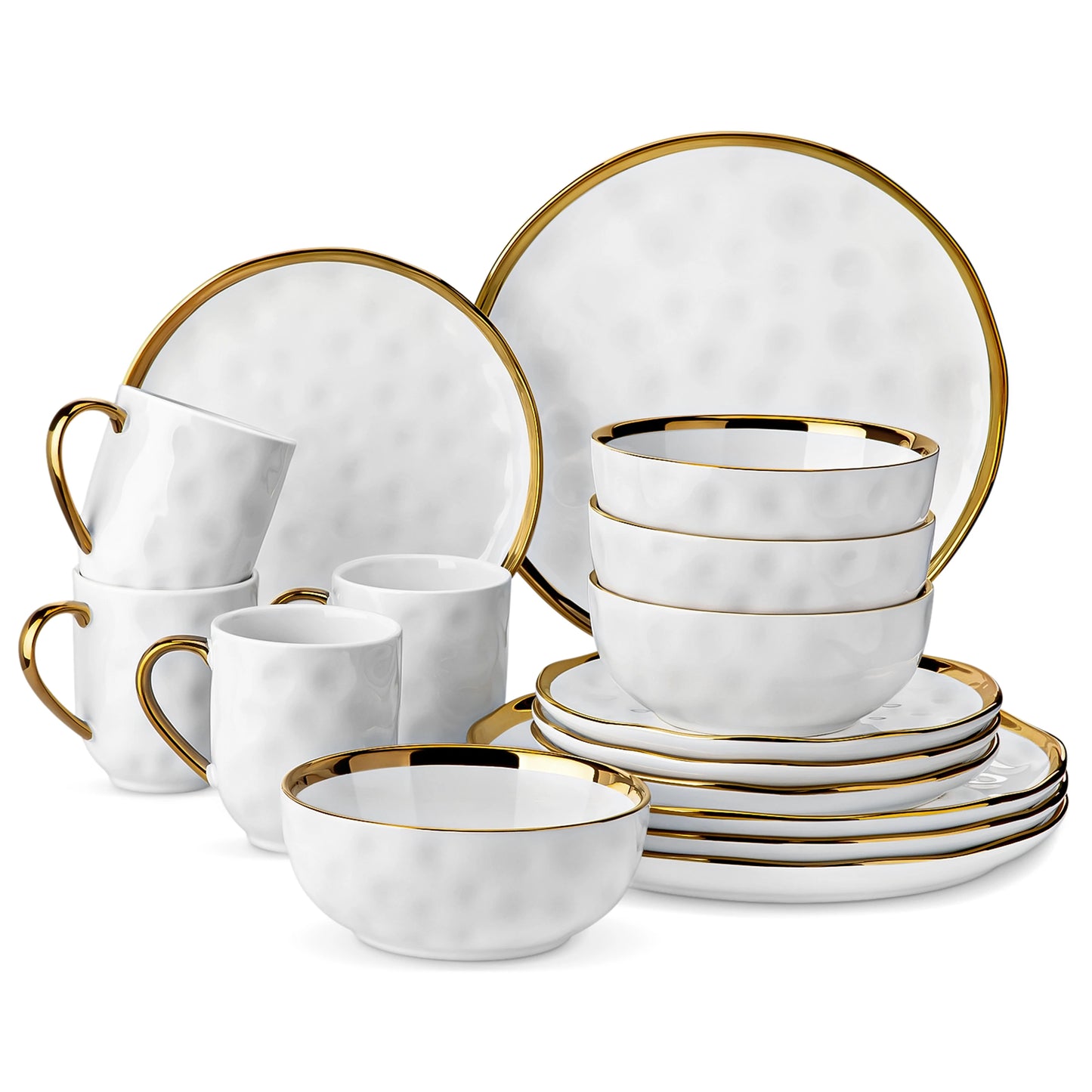 Elegant Handmade Plates & Bowls - 16/32 Piece White & Gold Stoneware Dinnerware Set