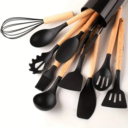 Rainbow Silicone Cooking Utensils Set – 12pcs Non-Stick, Heat-Resistant with Wooden Handles