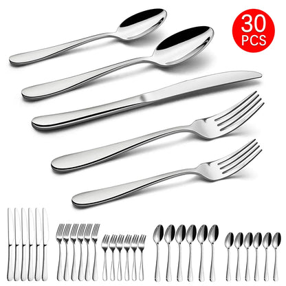 Elegant Cutlery with Steak Knives, Forks & Spoons for Kitchen Table-30 Piece Stainless Steel Flatware Set