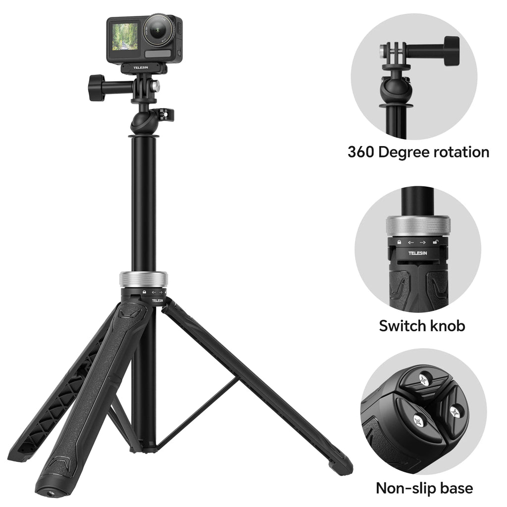 Foldable 360° Tripod Selfie Stick for GoPro Hero 13–5, Insta360, DJI Action