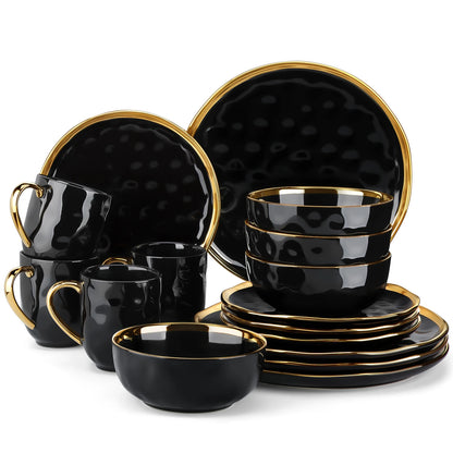 Black Porcelain Dining Set with Golden Rim – Complete 16/32 Piece Crockery Set