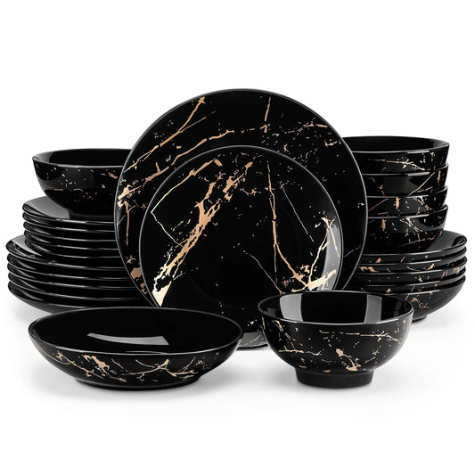 Elegant Dinner, Dessert & Soup Plates with Bowls - 24 Piece Gold Splash Porcelain Dinnerware Set