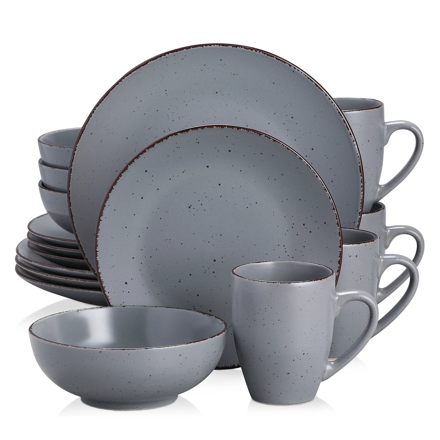 MODA Series Stoneware Plates, Bowls & Cups - 16/32/48 Piece Grey Pottery Dinnerware Set by Vancasso