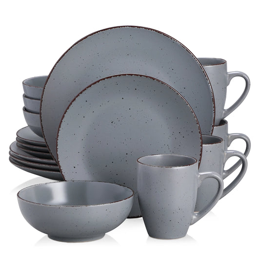 MODA Series Stoneware Plates, Bowls & Cups - 16/32/48 Piece Grey Pottery Dinnerware Set by Vancasso