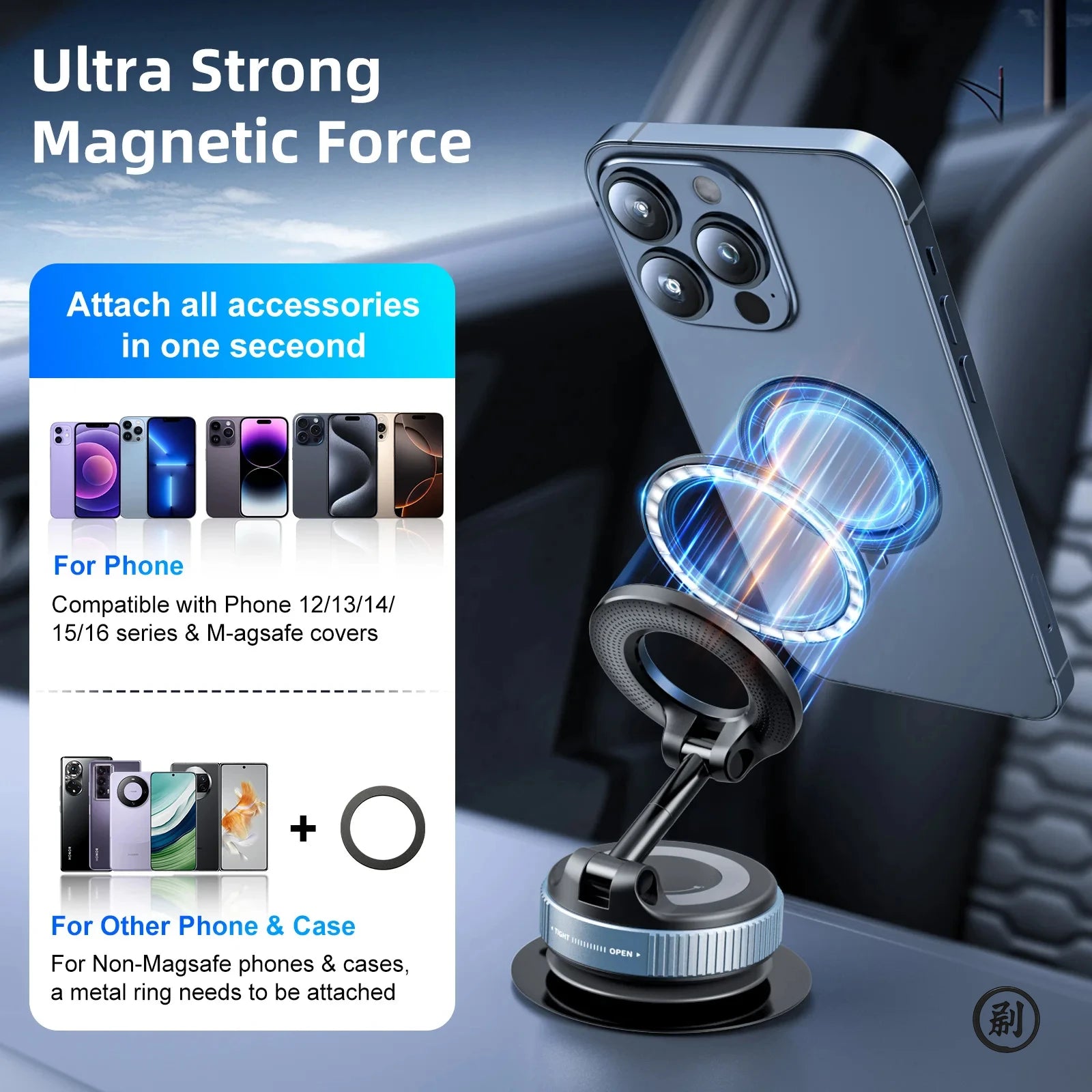 Universal Magnetic Car Mount with Rotating Suction Base