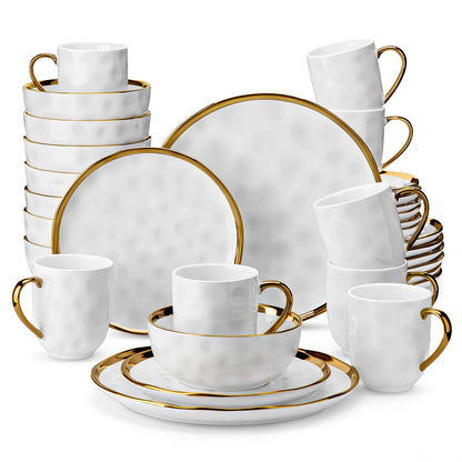 Elegant Handmade Plates & Bowls - 16/32 Piece White & Gold Stoneware Dinnerware Set