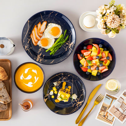 Elegant Dinner, Dessert & Soup Plates with Bowls - 24 Piece Gold Splash Porcelain Dinnerware Set