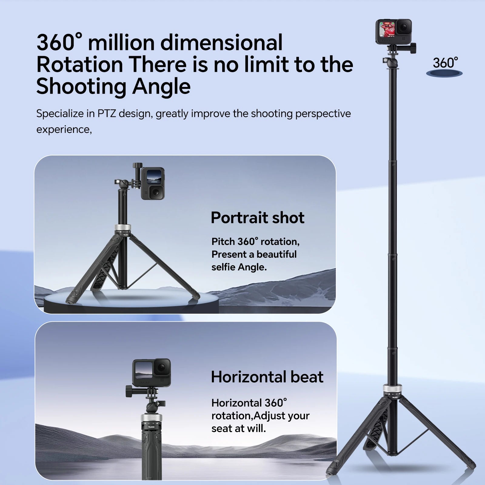 Foldable 360° Tripod Selfie Stick for GoPro Hero 13–5, Insta360, DJI Action