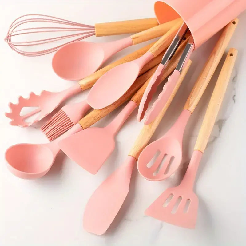 Rainbow Silicone Cooking Utensils Set – 12pcs Non-Stick, Heat-Resistant with Wooden Handles