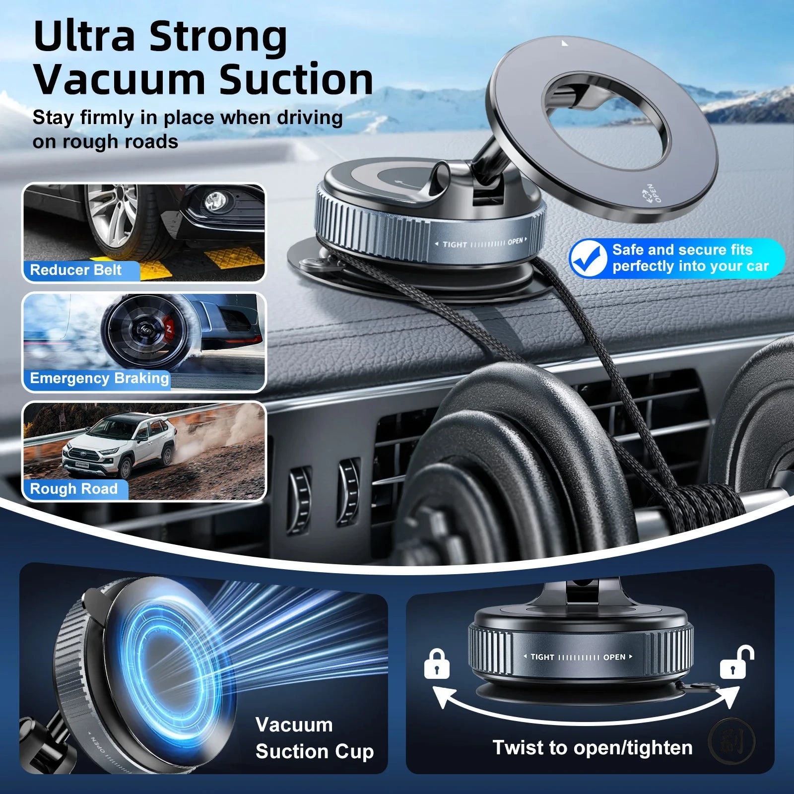 Universal Magnetic Car Mount with Rotating Suction Base