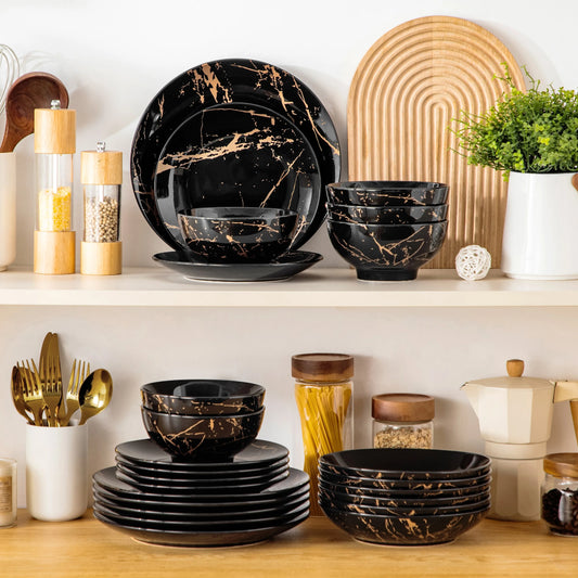 Elegant Dinner, Dessert & Soup Plates with Bowls - 24 Piece Gold Splash Porcelain Dinnerware Set