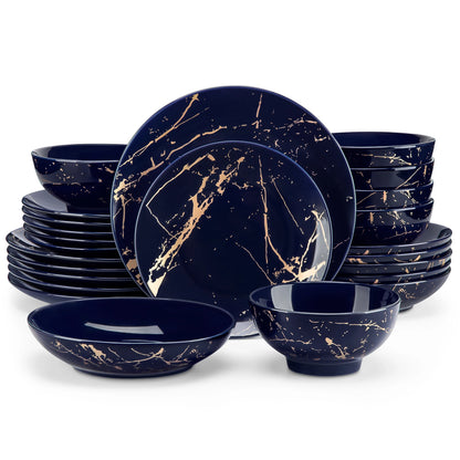 Elegant Dinner, Dessert & Soup Plates with Bowls - 24 Piece Gold Splash Porcelain Dinnerware Set