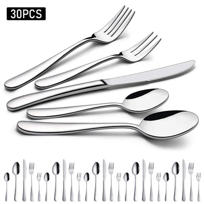 Elegant Cutlery with Steak Knives, Forks & Spoons for Kitchen Table-30 Piece Stainless Steel Flatware Set