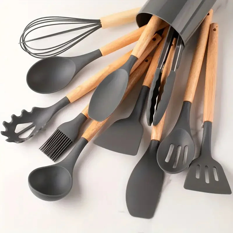 Rainbow Silicone Cooking Utensils Set – 12pcs Non-Stick, Heat-Resistant with Wooden Handles