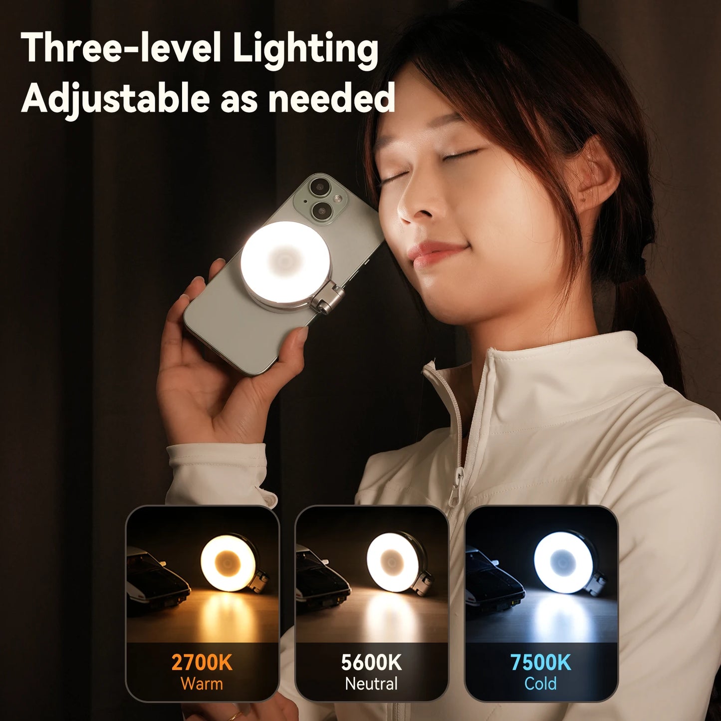 TELESIN Magnetic Mini Selfie Light – 3 Brightness Modes for iPhone & Android