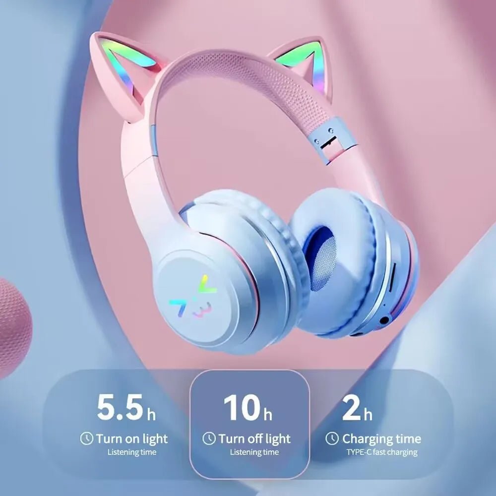 Bluetooth 5.3 Gaming Earbuds with RGB Cat Ears – Wireless Headphones with Microphone & MP3 Playback
