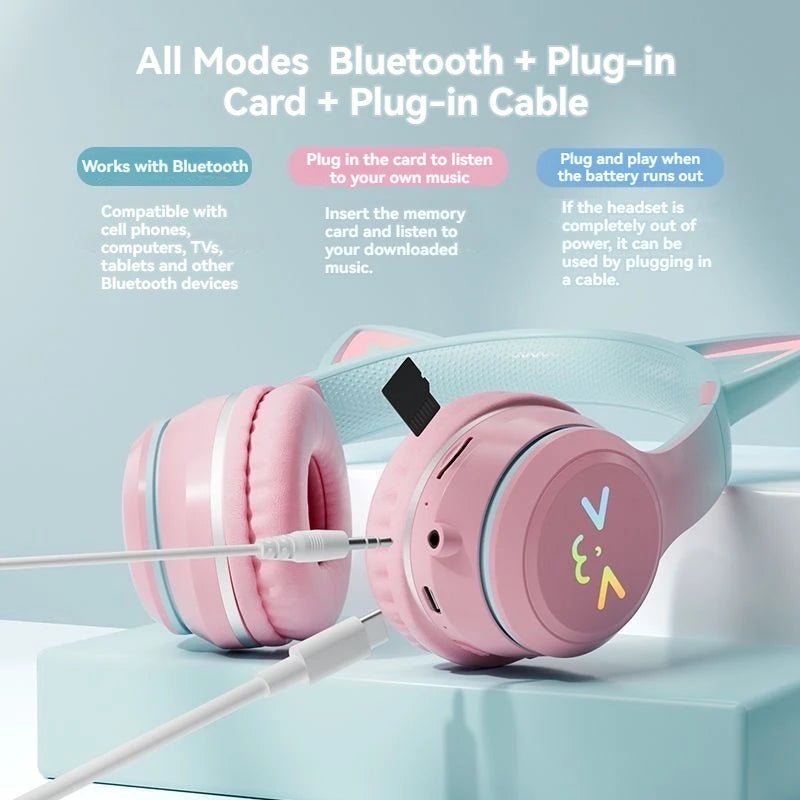 Bluetooth 5.3 Gaming Earbuds with RGB Cat Ears – Wireless Headphones with Microphone & MP3 Playback