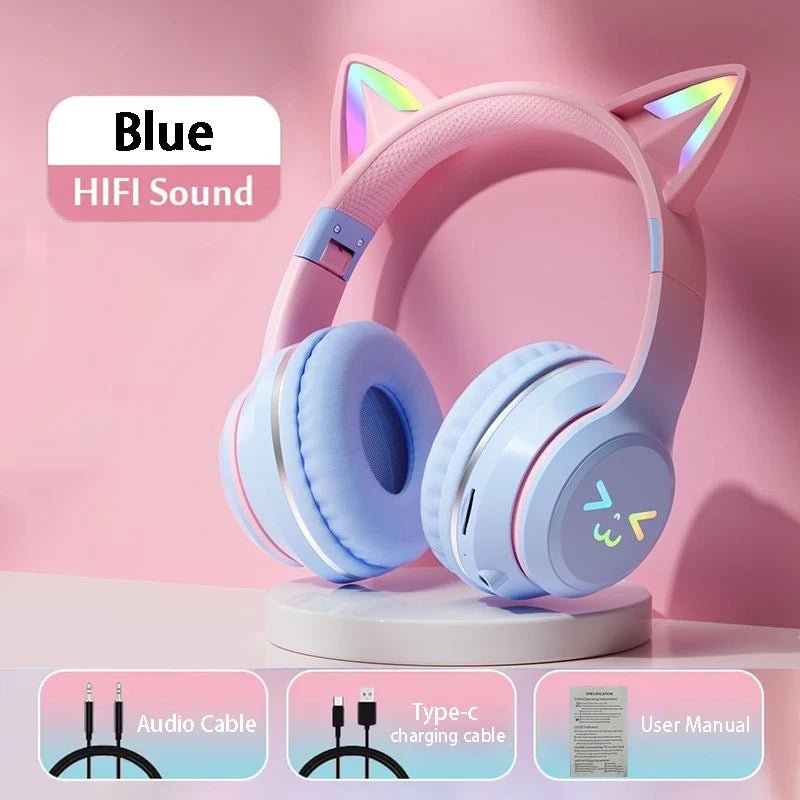 Bluetooth 5.3 Gaming Earbuds with RGB Cat Ears – Wireless Headphones with Microphone & MP3 Playback