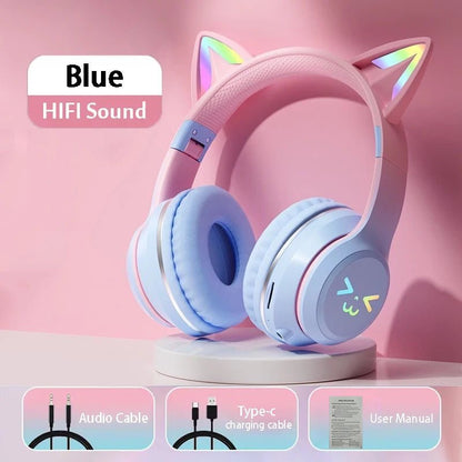 Bluetooth 5.3 Gaming Earbuds with RGB Cat Ears – Wireless Headphones with Microphone & MP3 Playback