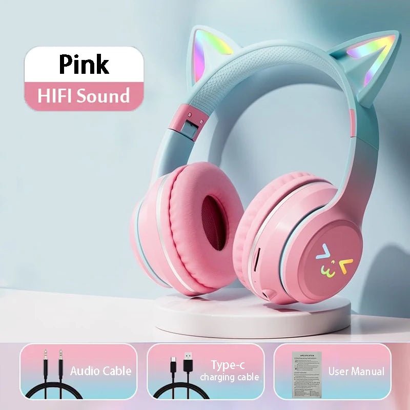 Bluetooth 5.3 Gaming Earbuds with RGB Cat Ears – Wireless Headphones with Microphone & MP3 Playback