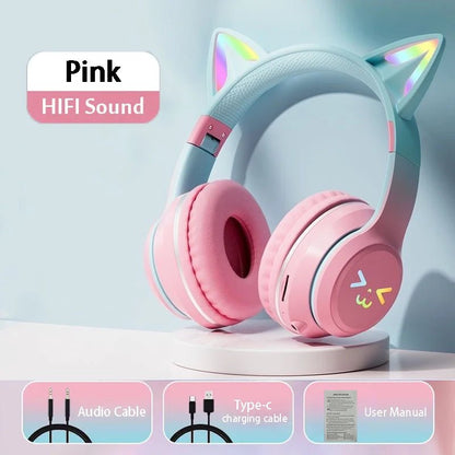 Bluetooth 5.3 Gaming Earbuds with RGB Cat Ears – Wireless Headphones with Microphone & MP3 Playback