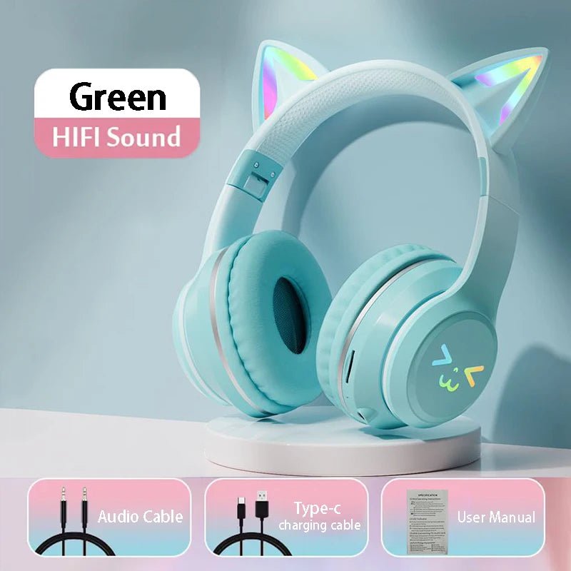 Bluetooth 5.3 Gaming Earbuds with RGB Cat Ears – Wireless Headphones with Microphone & MP3 Playback