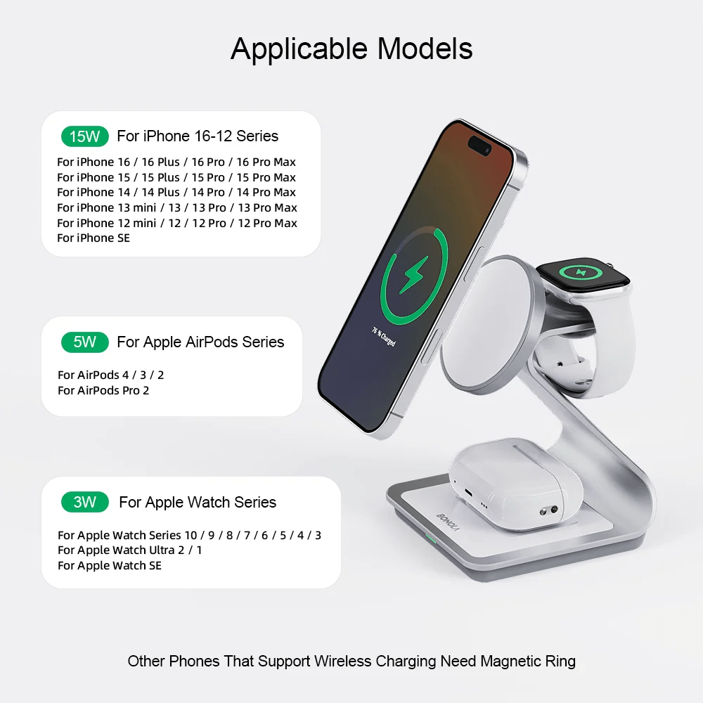 Bonola 3-in-1 Magnetic Wireless Charger - iPhone 12-16, Watch & AirPods Pro Stand - Adeju Shop