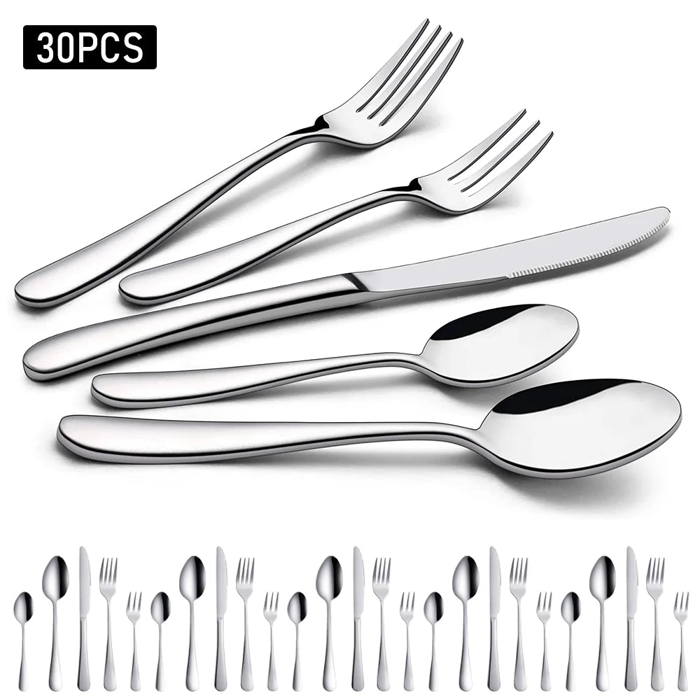 30-Piece Stainless Steel Cutlery Set – Elegant Forks, Knives & Spoons