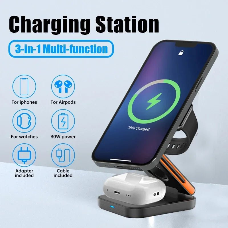 Charging Station  3 in 1 Magnetic Stand for iPhone 12–15, Apple Watch & AirPods