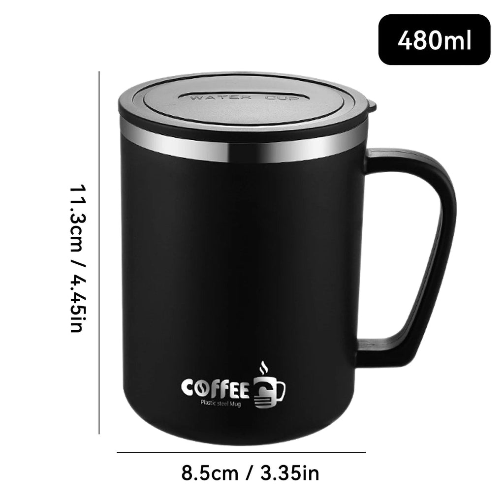 Stainless Steel Thermal Mug – Double Wall Coffee Cup with Lid & Handle by WORTHBUY (480ml)